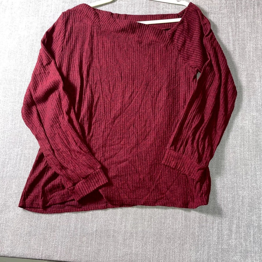 Kaileigh Blouse Top Women 2XL Maroon Knit Ribbed Asymmetrical Slash Neck Thermal